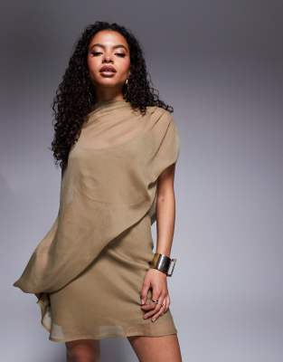ASOS DESIGN Petite - Hochgeschlossenes Minikleid in Taupe mit asymmetrischer Drapierung und Zierausschnitt-Neutral