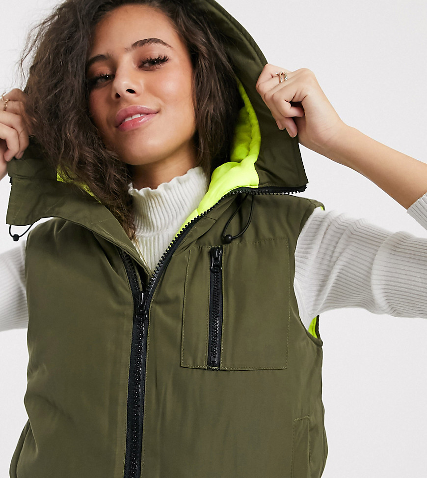 ASOS DESIGN Petite hooded contrast vest jacket in khaki and neon yellow-Green