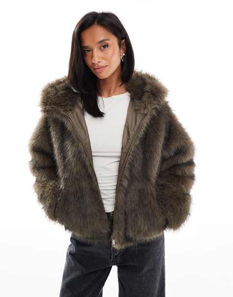 ASOS DESIGN Petite hooded faux fur bomber coat in brown tip - view 1