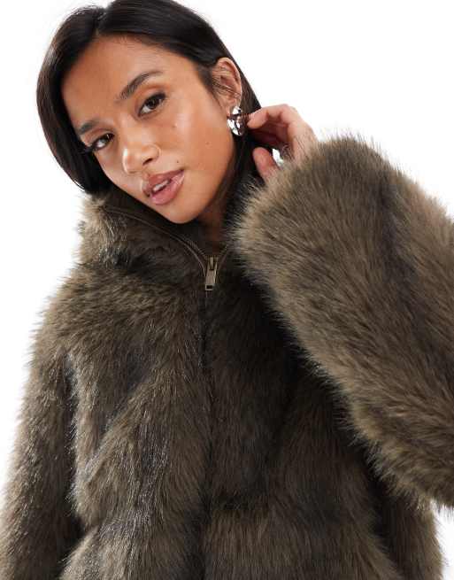 ASOS DESIGN Petite hooded faux fur bomber coat in brown tip