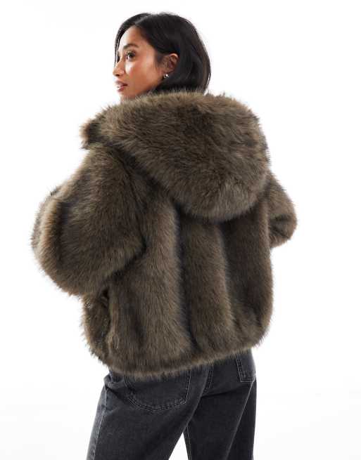 ASOS DESIGN Petite hooded faux fur bomber coat in brown tip