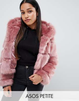 pink hooded faux fur coat