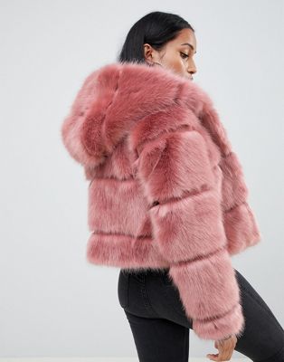 red hooded fur coat