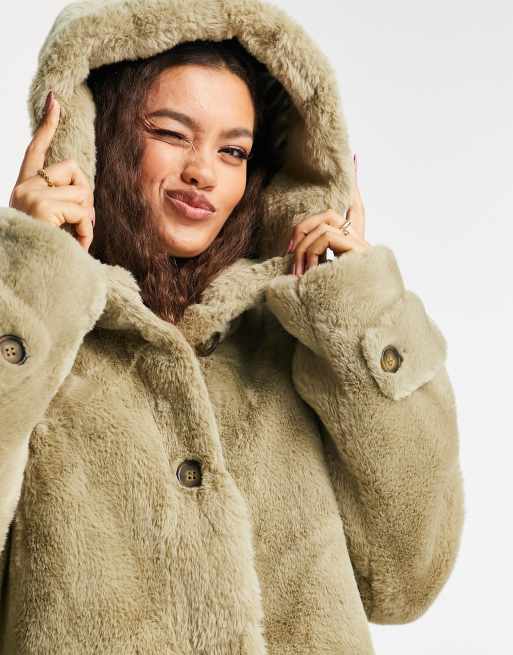 ASOS DESIGN Petite hooded faux fur maxi coat in sage