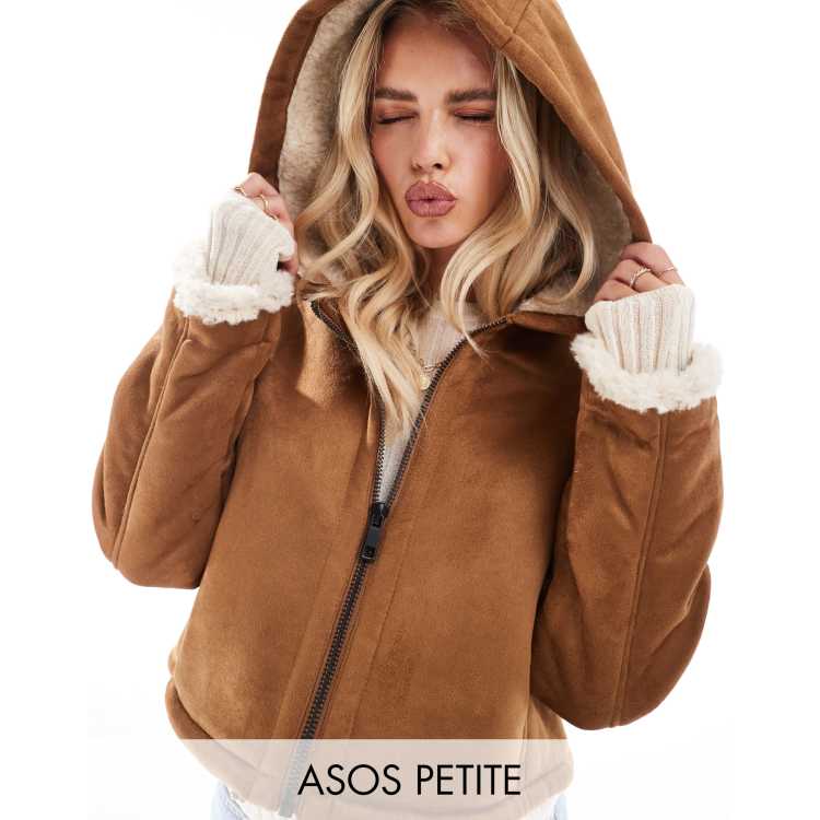 ASOS DESIGN Petite hooded faux shearling jacket in tan