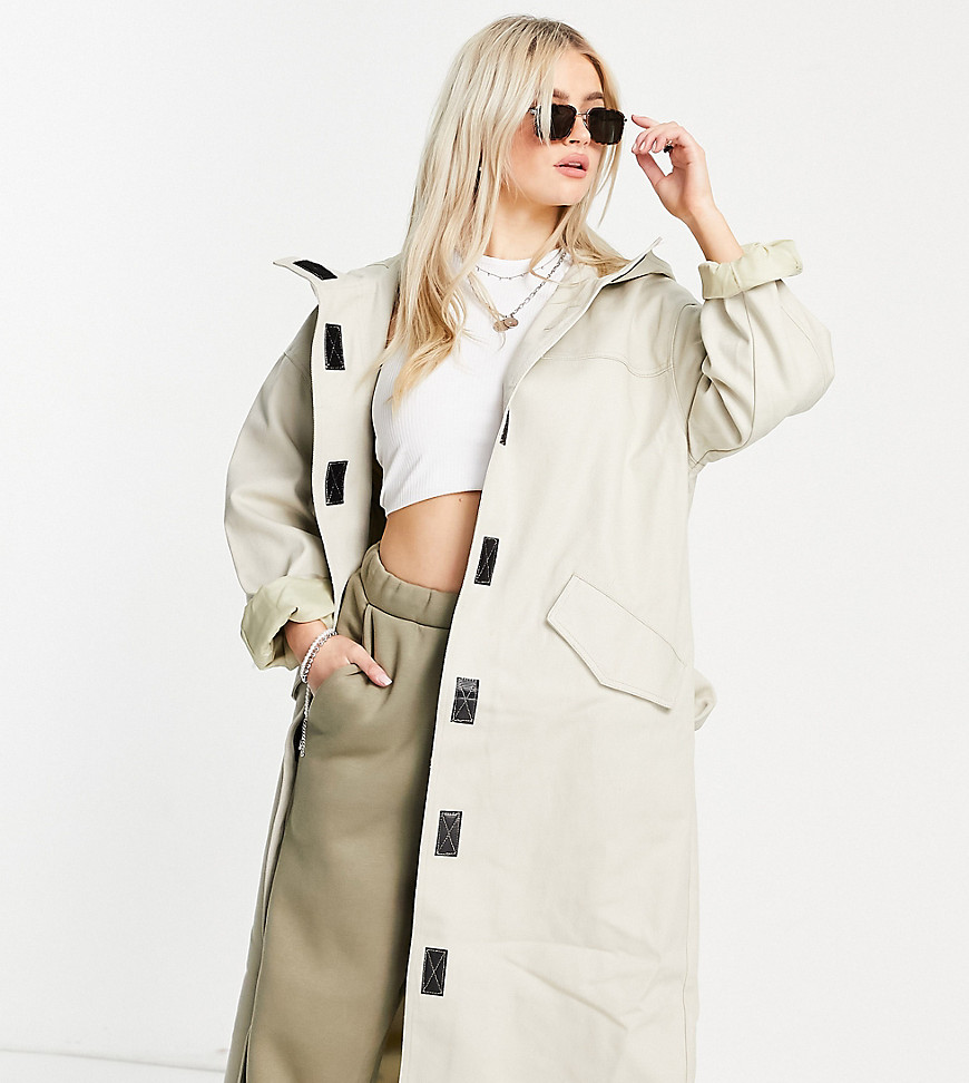 ASOS DESIGN Petite hooded trench coat in stone-Neutral