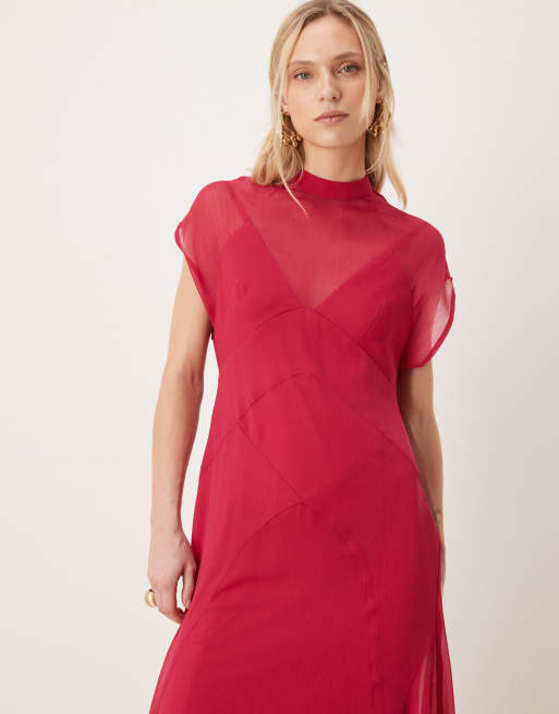 ASOS DESIGN Petite - Hoogsluitende maxi-jurk van chiffon met zakdoekzoom in kersenrood, 3 van 4
