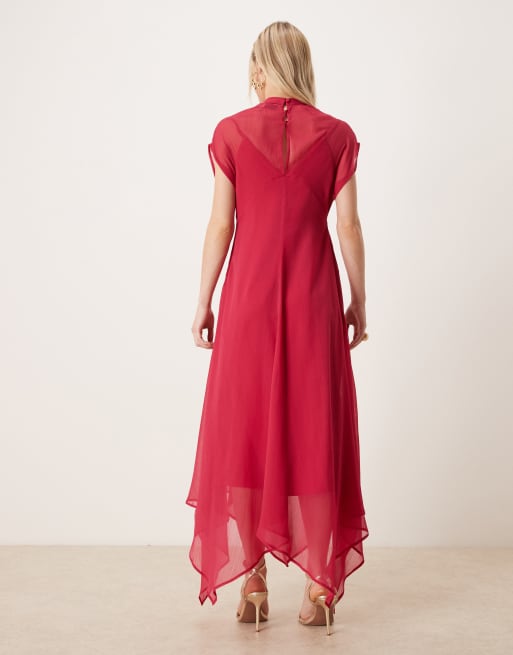 ASOS DESIGN Petite - Hoogsluitende maxi-jurk van chiffon met zakdoekzoom in kersenrood, 4 van 4