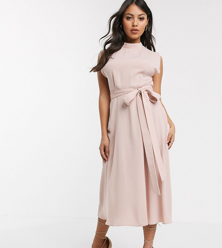 ASOS DESIGN Petite - Hoogsluitende midi-jurk met kapmouwen met split en skaterrok in roze