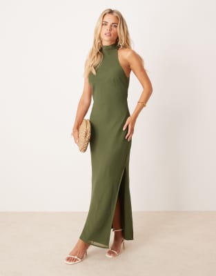 ASOS DESIGN Petite - Hoogsluitende midi jurk van chiffon in olijfgroen - view 1