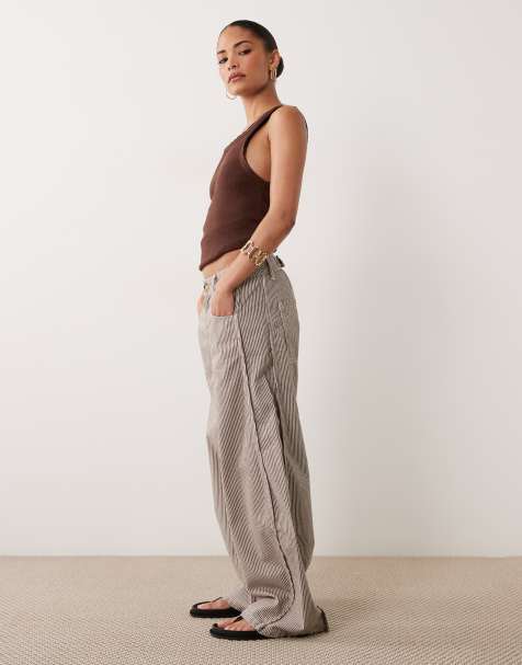ASOS DESIGN petite horseshoe trousers with tab waist detail in brown stripe - view 1