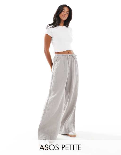 ASOS DESIGN Petite – Hose in Grau aus grob gewebter Baumwolle mit Kordelzugbund