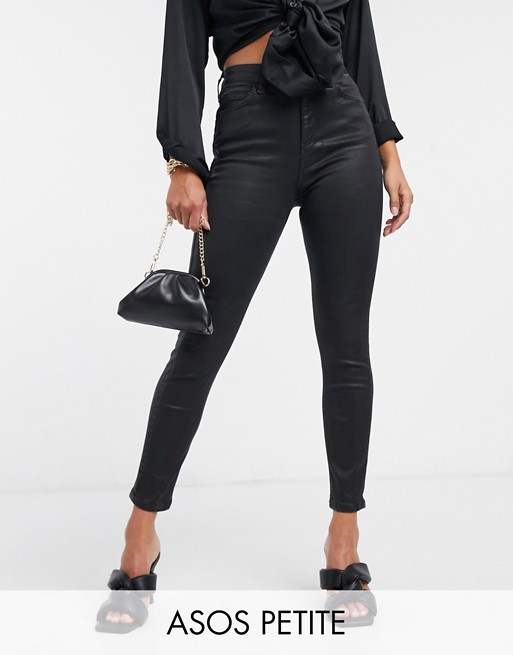 ASOS DESIGN Petite high rise 'lift and contour' skinny jeans in coated black