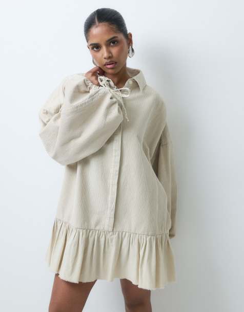 ASOS DESIGN Petite hybrid cord mini shirt dress with balloon sleeve and voile hem in washed stone - view 1