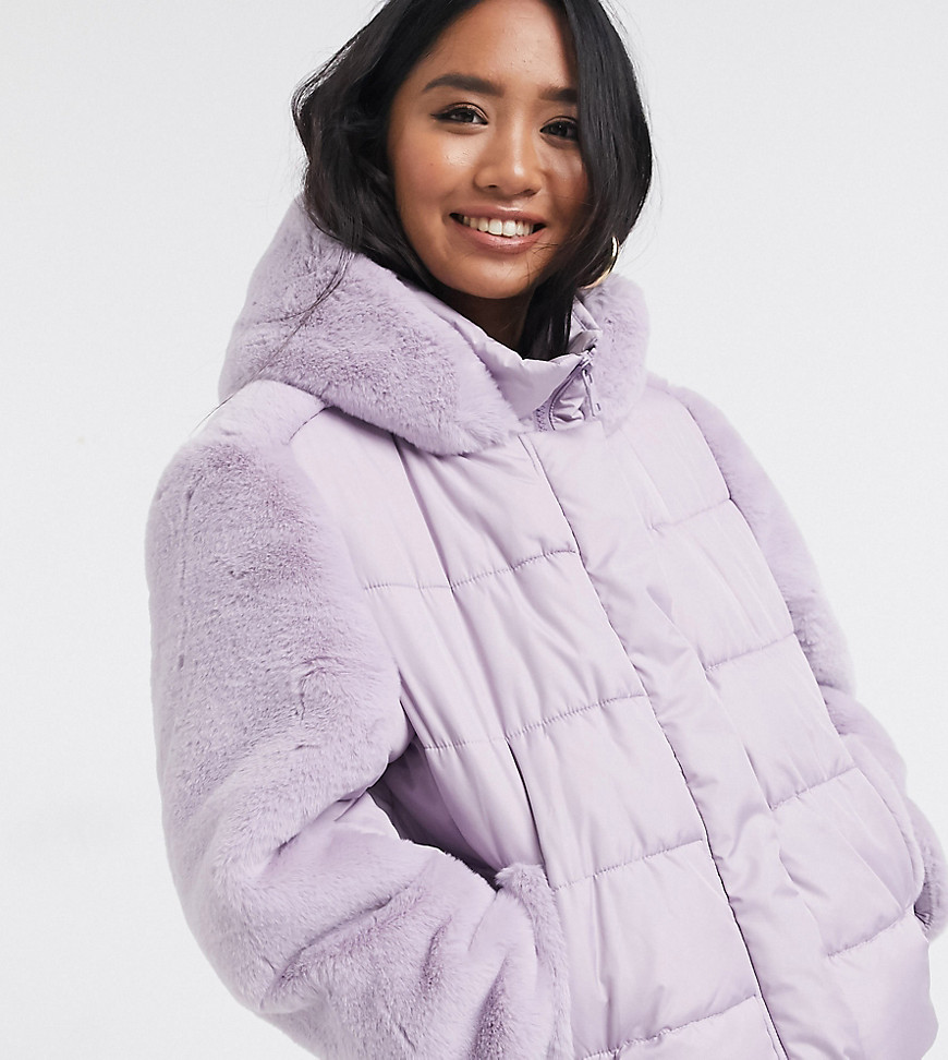 ASOS DESIGN Petite hybrid faux fur paneled puffer jacket in lilac-Purple