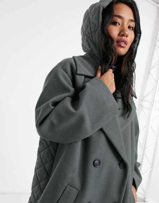 ASOS DESIGN Petite hybrid quilted oversized coat in sage