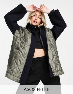 ASOS DESIGN Petite hybrid quilted shacket in khaki and navy - ASOS Price Checker