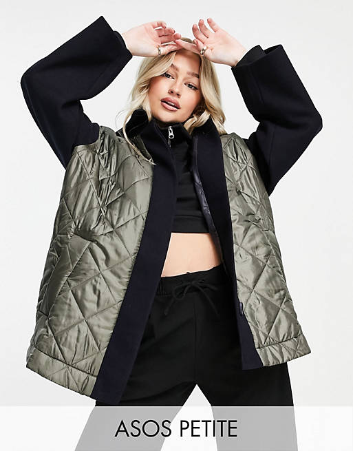 ASOS DESIGN Petite hybrid quilted shacket in khaki and navy