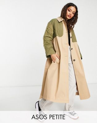 ASOS DESIGN Petite hybrid quilted trench coat in khaki