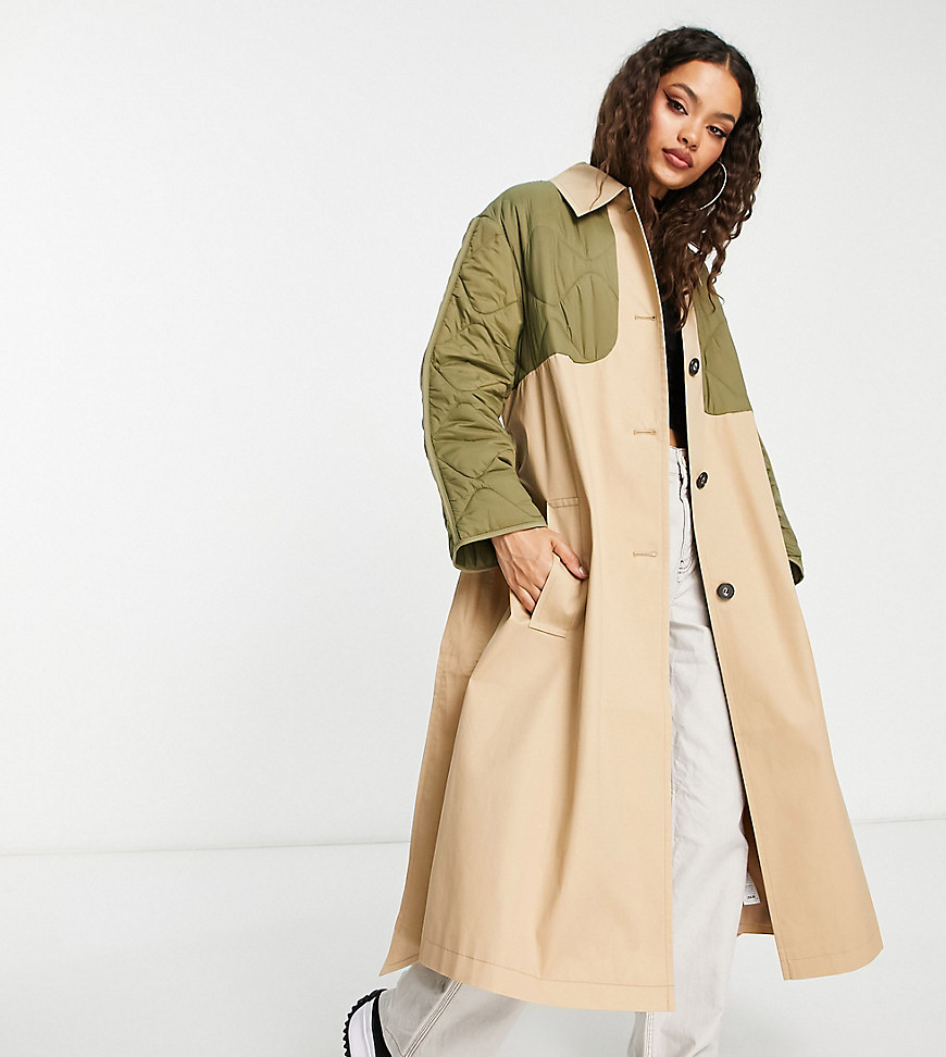 Asos Design Petite Hybrid Quilted Trench Coat In Khaki-Green