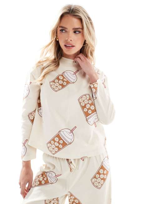 ASOS DESIGN Petite Iced coffee long sleeve top and pants pajama set in beige, 2 of 4