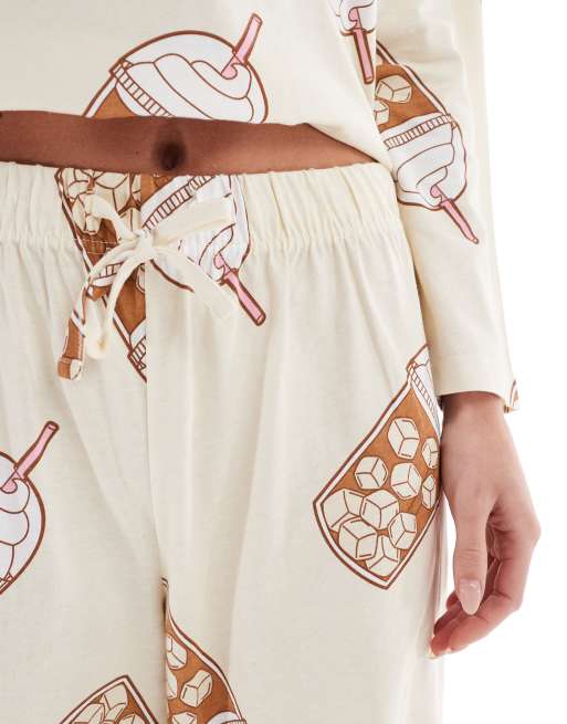 ASOS DESIGN Petite Iced coffee long sleeve top and pants pajama set in beige, 3 of 4