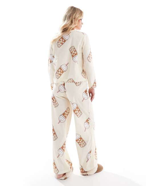 ASOS DESIGN Petite Iced coffee long sleeve top and pants pajama set in beige, 4 of 4