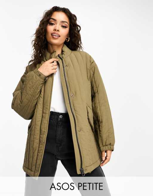 ASOS DESIGN Petite - In rechte lijnen doorgestikt jack van katoen in kaki