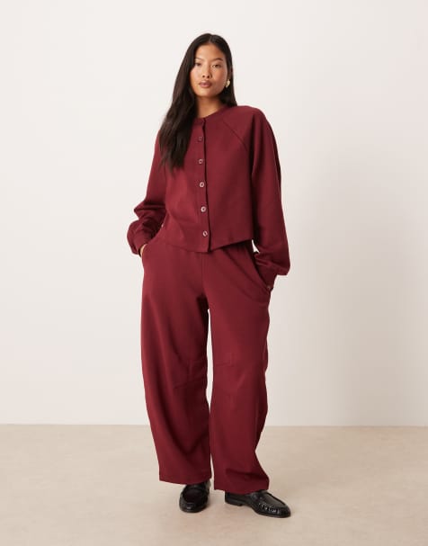 ASOS DESIGN Petite - Interlock joggingbroek met barrel-pijpen in bordeauxrood - view 1