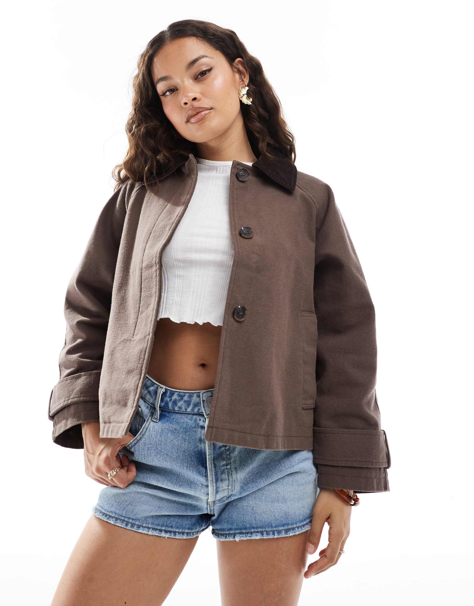 asos design petite jacket with contrast collar in mocha