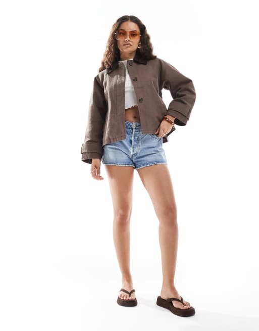 ASOS DESIGN Petite jacket with contrast collar in mocha, 2 of 4