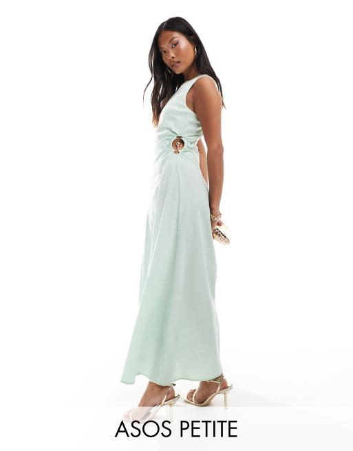 ASOS DESIGN Petite – Jasnozielona sukienka midi z wycięciem i ozdobnym pierścieniem w talii