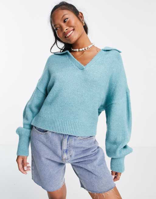 ASOS DESIGN Petite – Jasnozielony sweter oversize z otwartym kołnierzem, 3 z 4