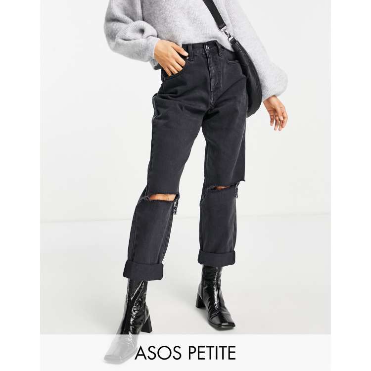 ASOS DESIGN Petite - Jean mom ample déchiré taille haute - Noir