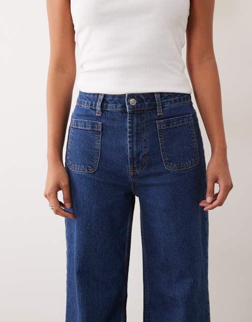 ASOS DESIGN Petite jeans med hög midja och vida ben med framfickor i mörkblå tvätt, 4 av 5