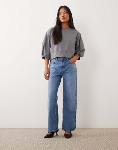 ASOS DESIGN Petite jeansy o prostych, szerokich nogawkach w średnim niebieskim odcieniu - view 1