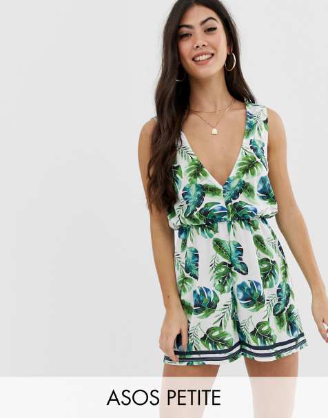 ASOS DESIGN Petite jersey beach playsuit in palm print