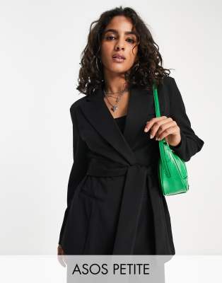 ASOS DESIGN Petite jersey belted suit blazer in black