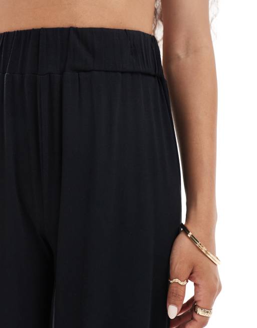 ASOS DESIGN Petite jersey palazzo beach trouser in black, 4 of 5