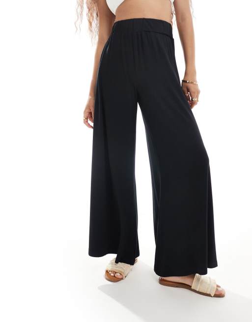 ASOS DESIGN Petite jersey palazzo beach trouser in black, 5 of 5