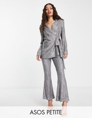 Asos Petite Asos Design Petite Jersey Sequin Flare Pants In Gunmetal-gray