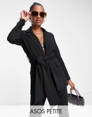 ASOS DESIGN Petite jersey suit blazer with obi tie waist in black