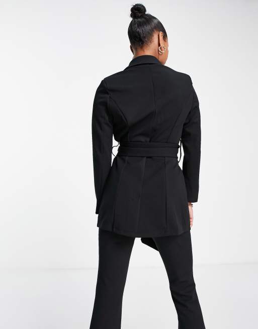 ASOS DESIGN Petite jersey suit blazer with obi tie waist in black