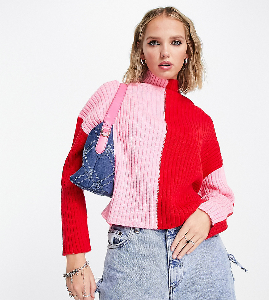 ASOS DESIGN Petite jumper with high neck in colour block in pink and red-Multi