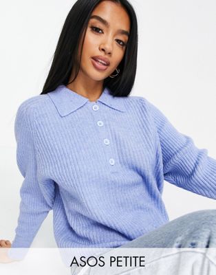 ASOS DESIGN Petite jumper with polo neck in rib in blue