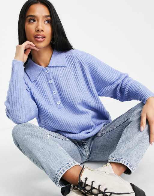 ASOS DESIGN Petite jumper with polo neck in rib in blue, 4 of 4