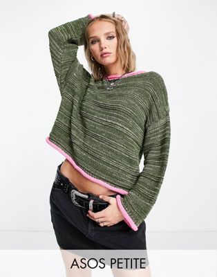 ASOS DESIGN Petite jumper with tipped hem in khaki and pink