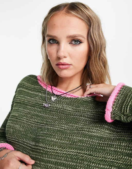 ASOS DESIGN Petite jumper with tipped hem in khaki and pink, 2 of 4