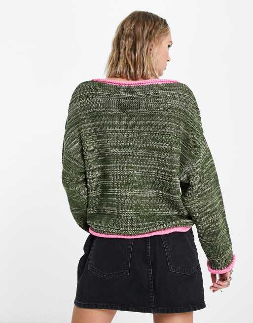 ASOS DESIGN Petite jumper with tipped hem in khaki and pink, 3 of 4
