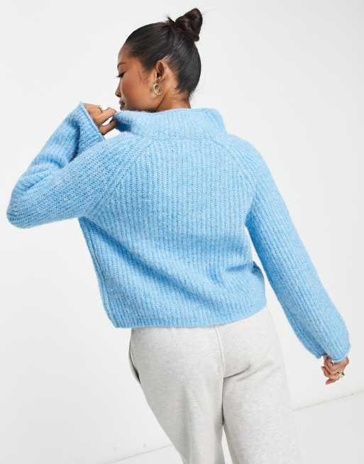 ASOS DESIGN Petite jumper with zip collar in fluffy yarn in cobalt blue, 3 of 4